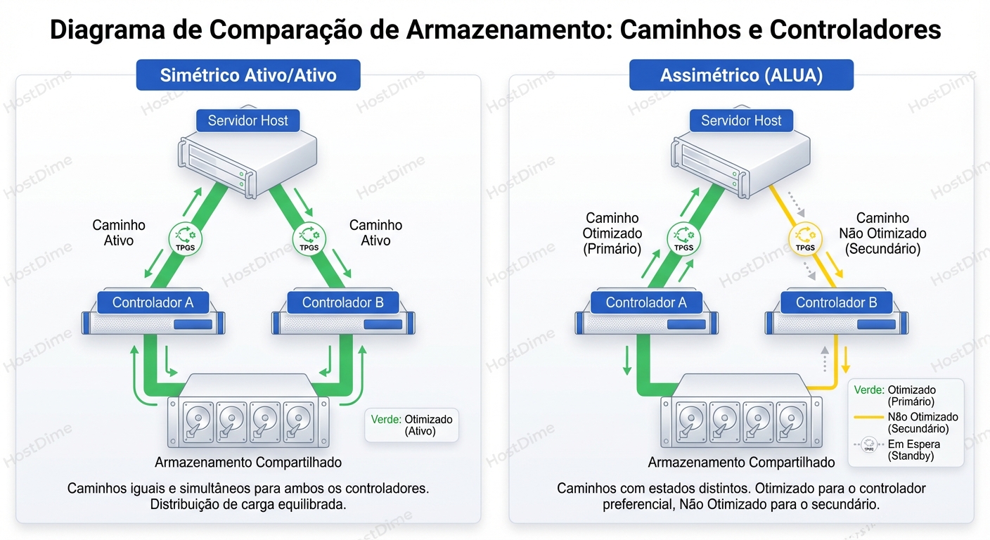 Comparativo de topologias: Enquanto arrays simétricos tratam todos os caminhos igualmente, o ALUA expõe explicitamente a preferência de rota para o host.