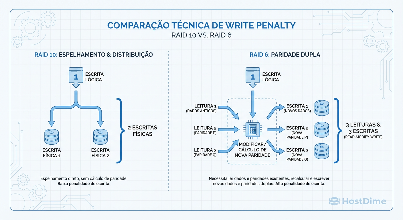 A Matemática da Penalidade de Escrita: Onde o RAID 5 e 6 perdem performance.