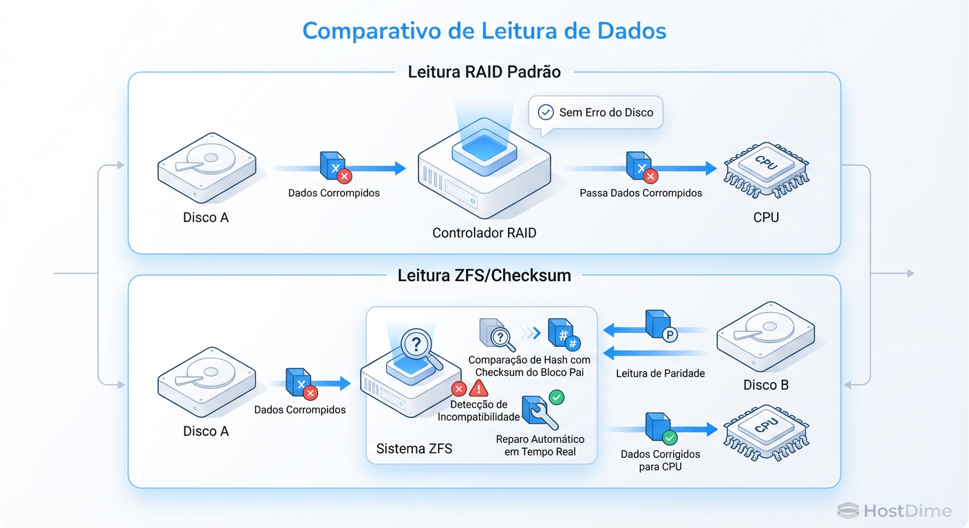 Diagrama de Fluxo de Confiança: RAID Tradicional vs. Filesystem com Checksum.