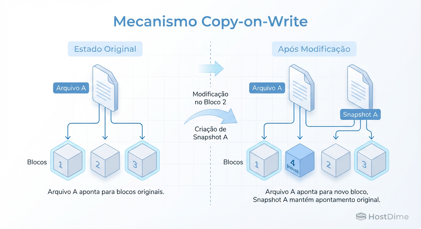Mecânica do CoW no Btrfs: O snapshot não copia dados, ele preserva ponteiros para blocos antigos.