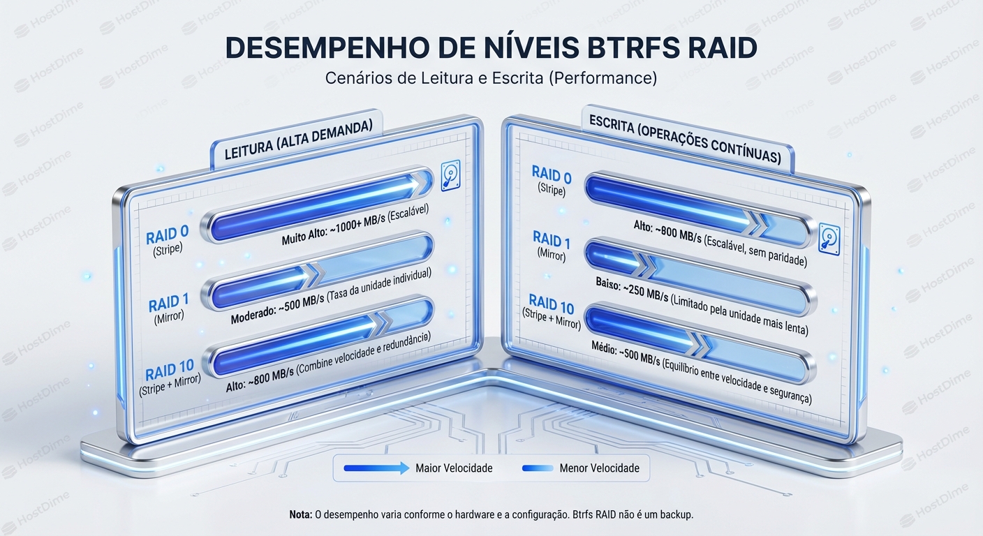Desempenho dos diferentes níveis de RAID no Btrfs.