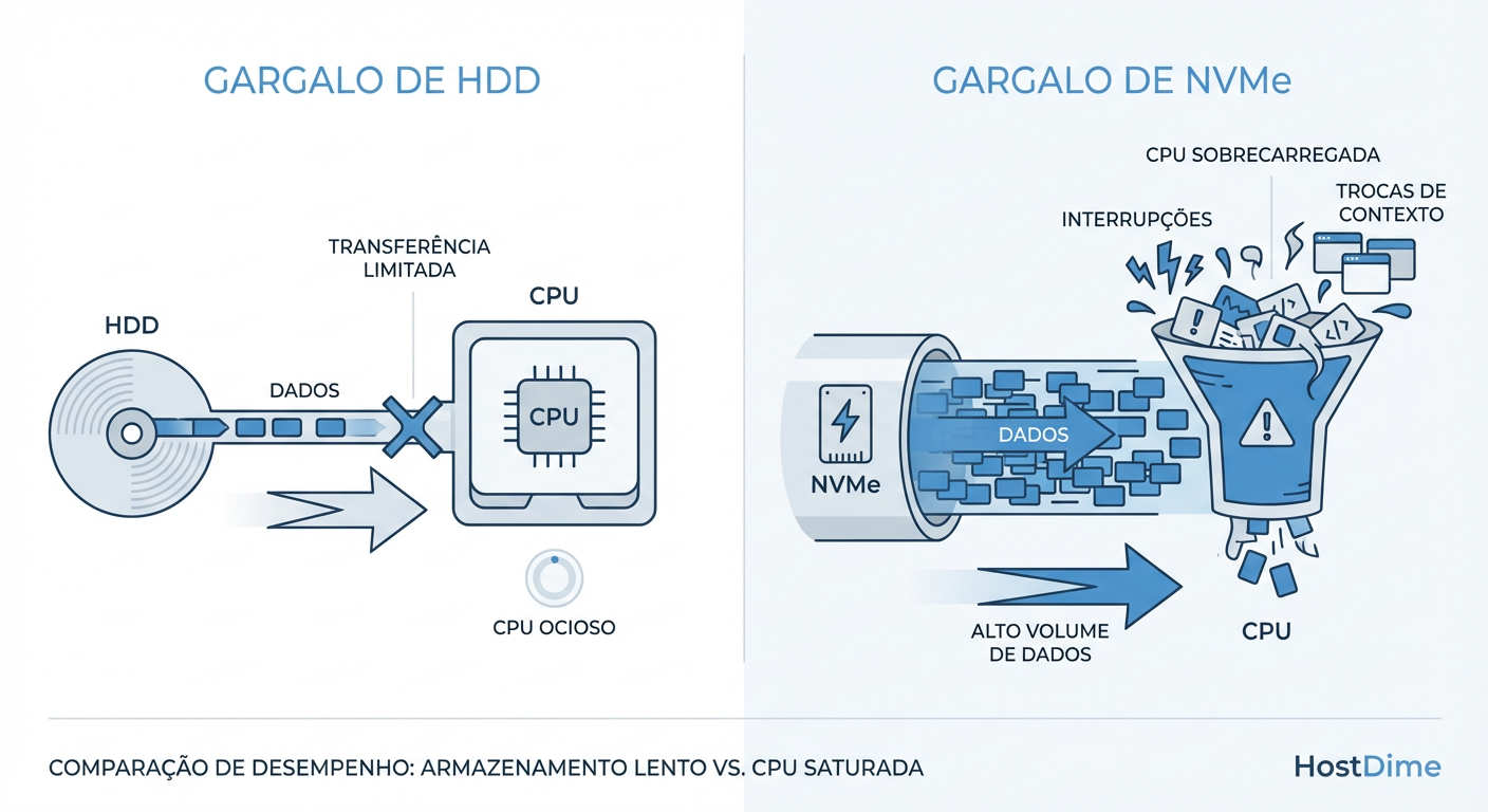 A Mudança de Gargalo: Em clusters NVMe, o disco espera pela CPU, e não o contrário.