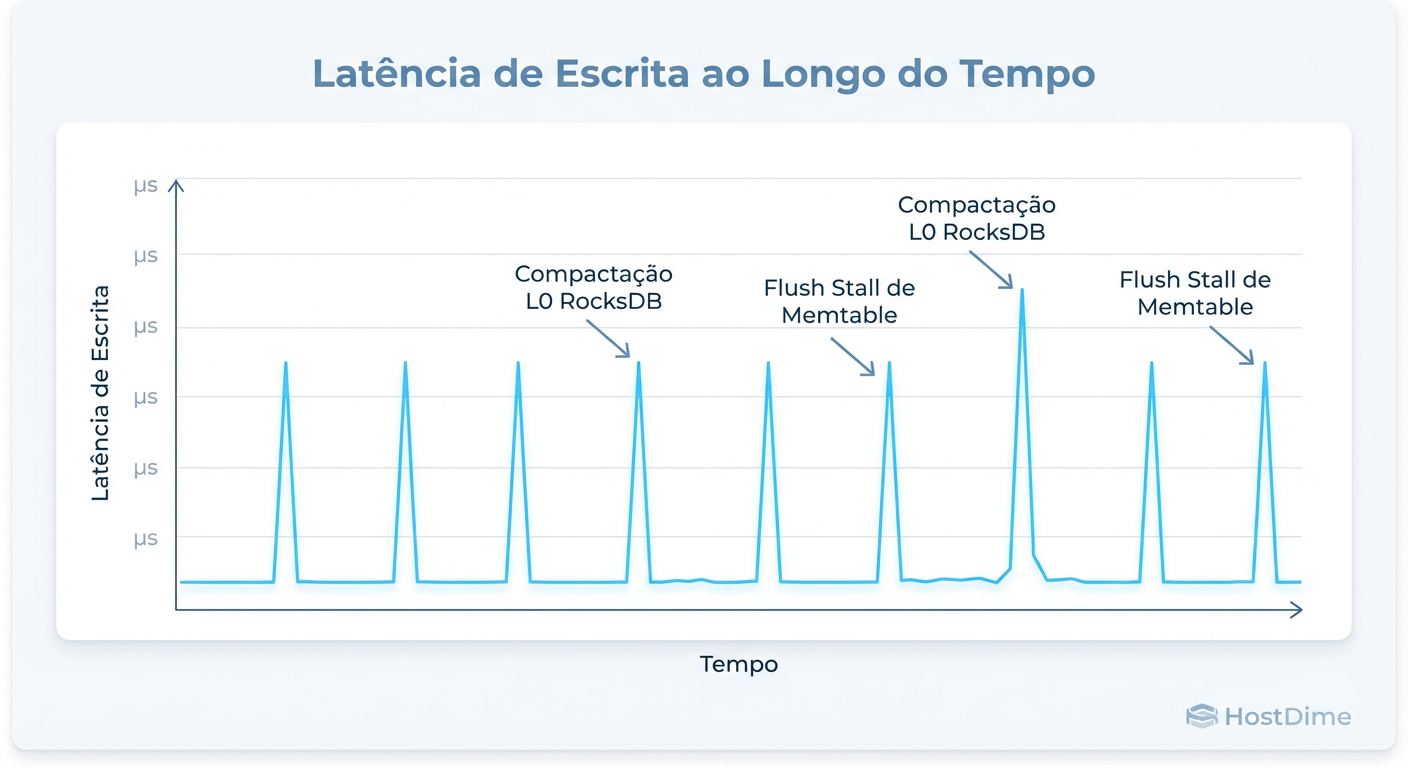 O efeito 'Dente de Serra': Latência média baixa mascarando stalls de compactação do RocksDB.