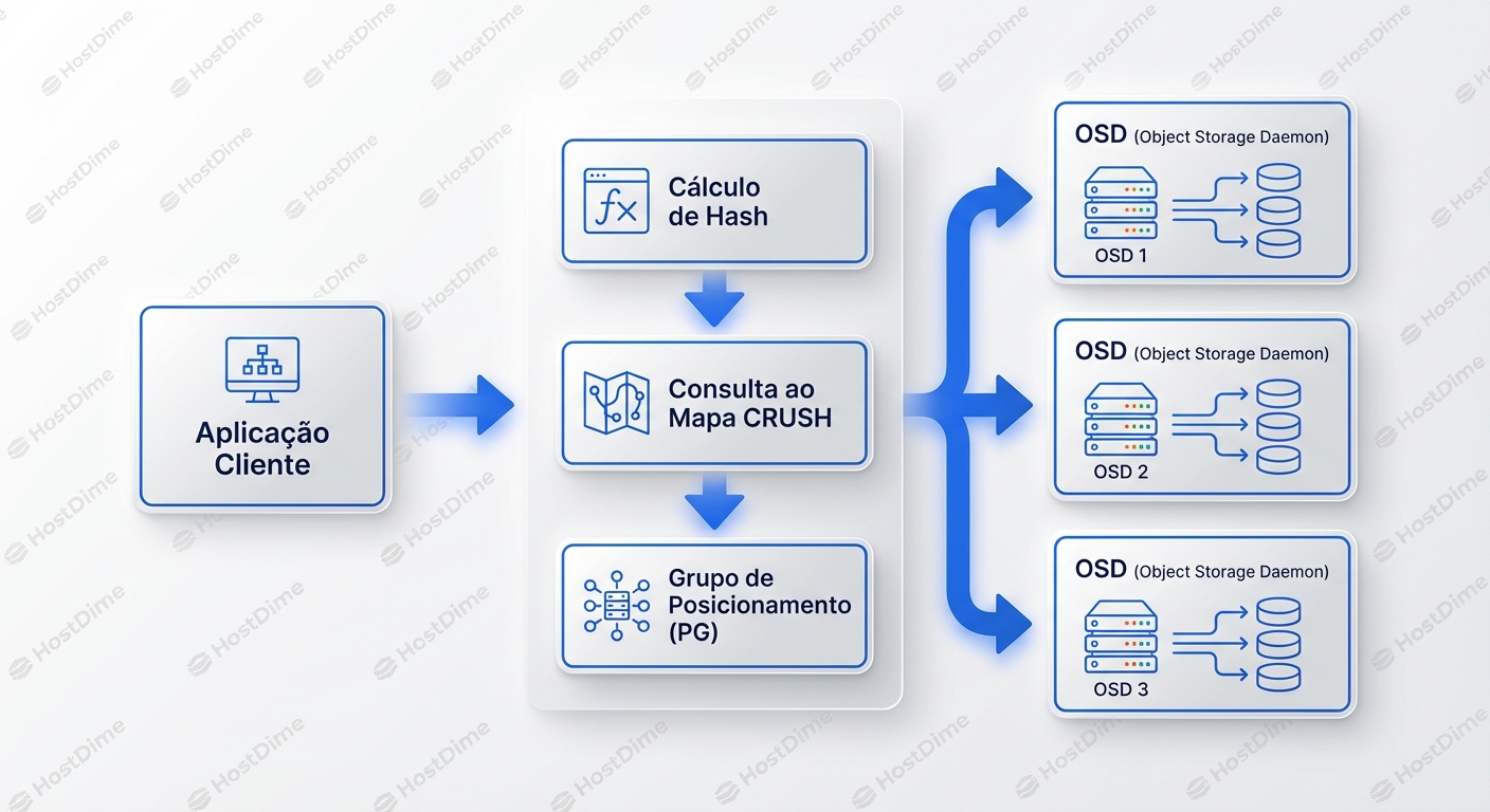A pilha Ceph: Aplicações interagem via Librados, abstraindo a complexidade do cluster RADOS subjacente.