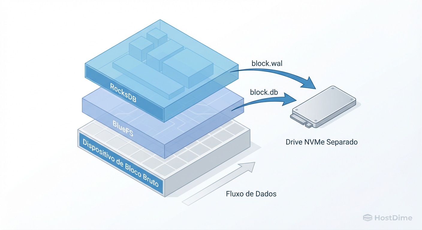 Anatomia de um OSD BlueStore Híbrido: Separando metadados (RocksDB) dos dados brutos.