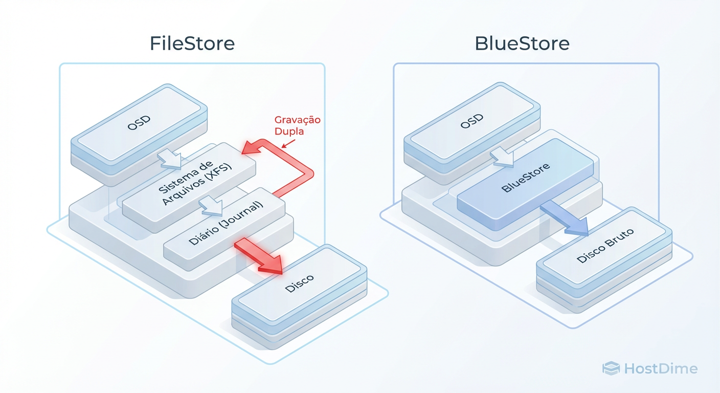Fluxo de IO: A penalidade de dupla escrita do FileStore (esquerda) vs. o acesso direto do BlueStore (direita).
