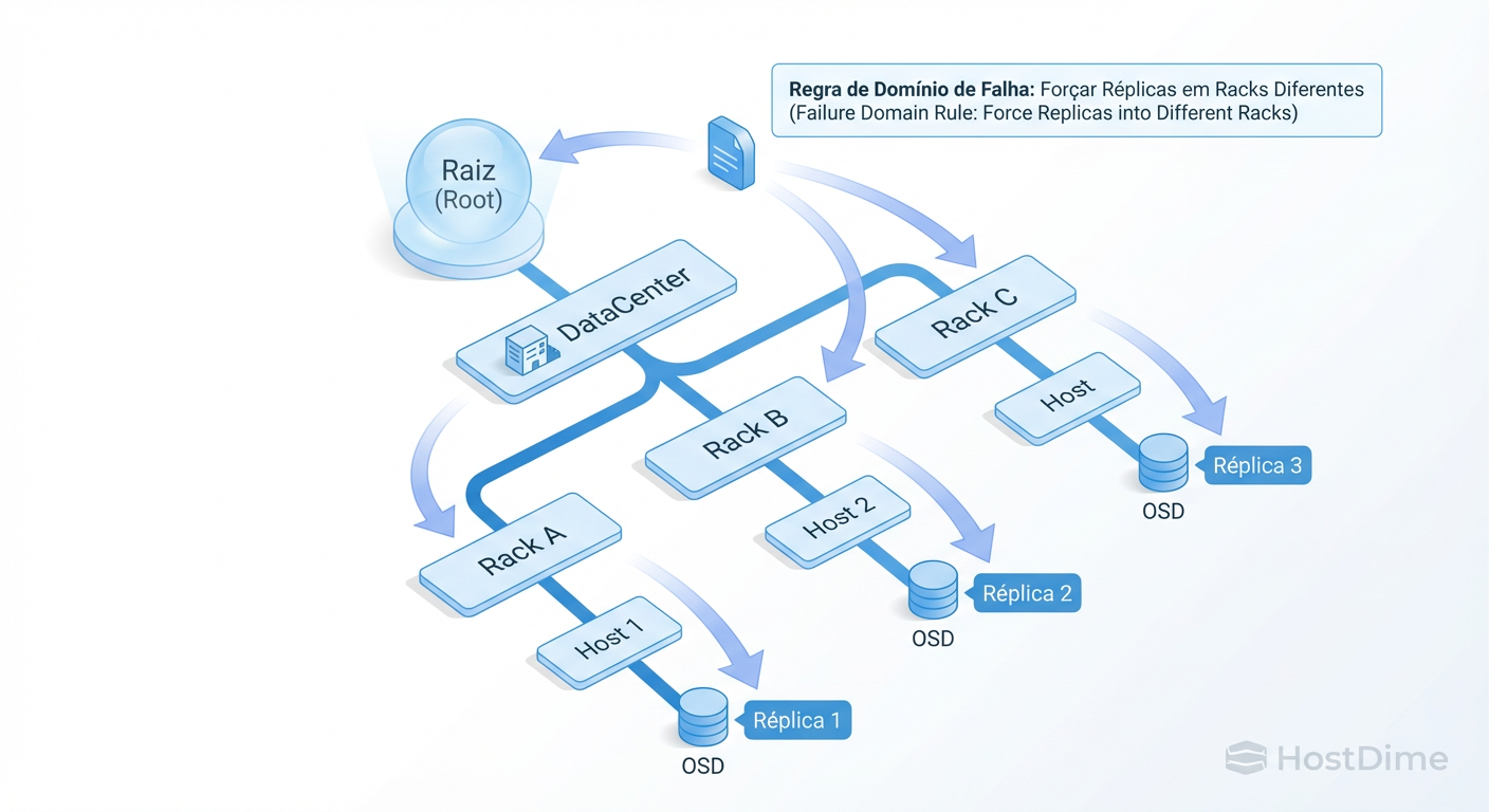 Desenhando Domínios de Falha: O CRUSH Map permite simular a robustez de um RAID distribuído geograficamente ou por rack físico.