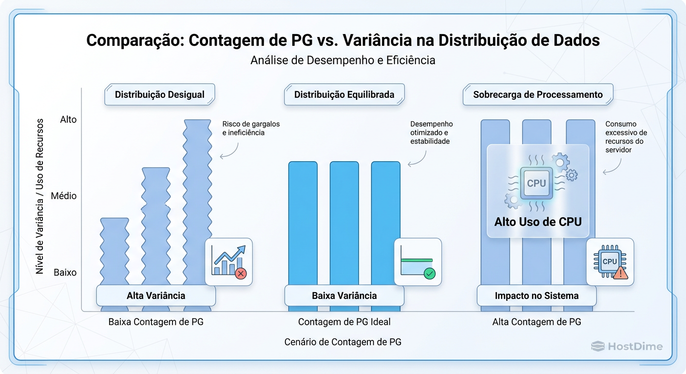 O Trade-off dos PGs: Poucos grupos geram OSDs cheios e vazios (desperdício). Muitos grupos matam a CPU em processos de peering.