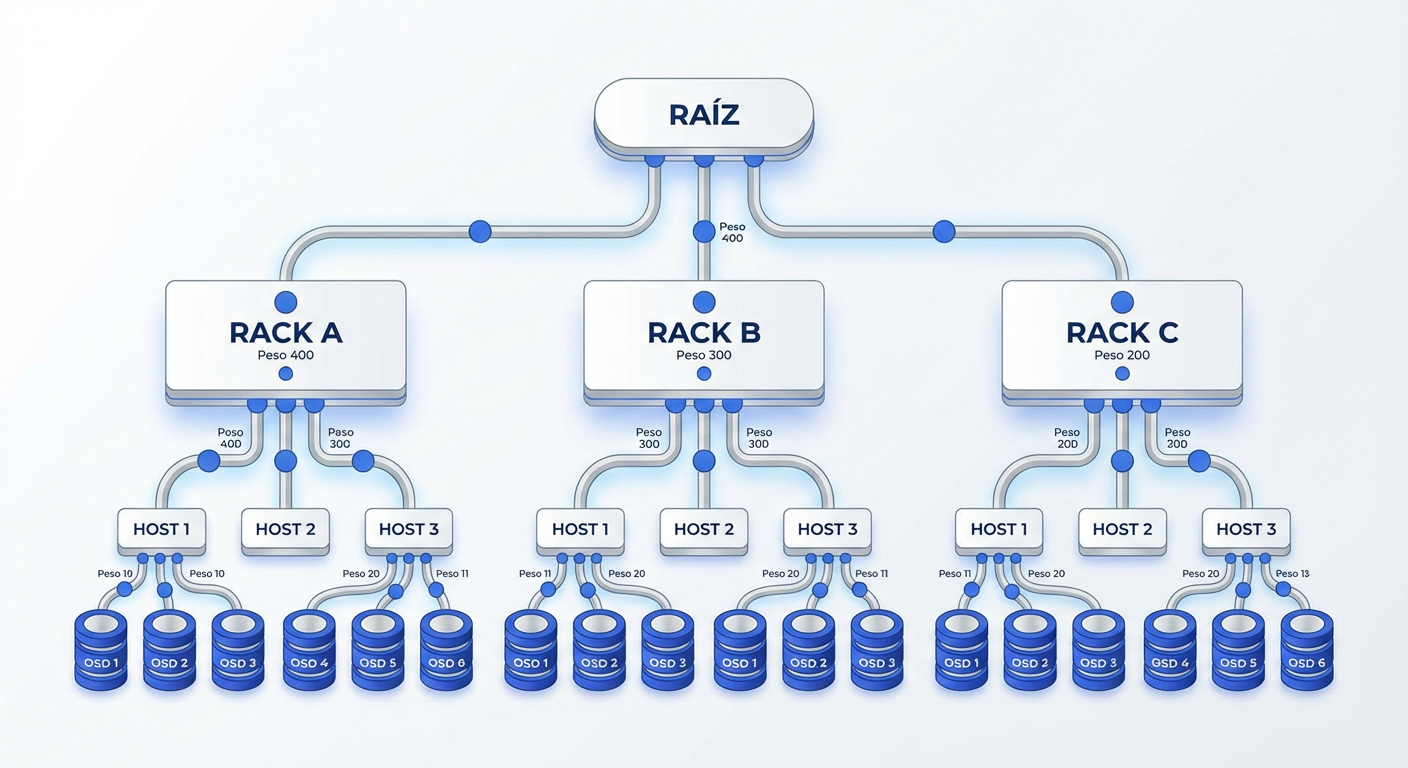 Figura 2: Hierarquia de Buckets e Domínios de Falha. O CRUSH garante a separação física das réplicas.