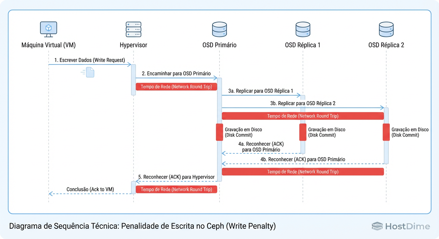 O Ciclo da Escrita Síncrona: A latência final da VM é ditada pelo OSD mais lento da cadeia de replicação.