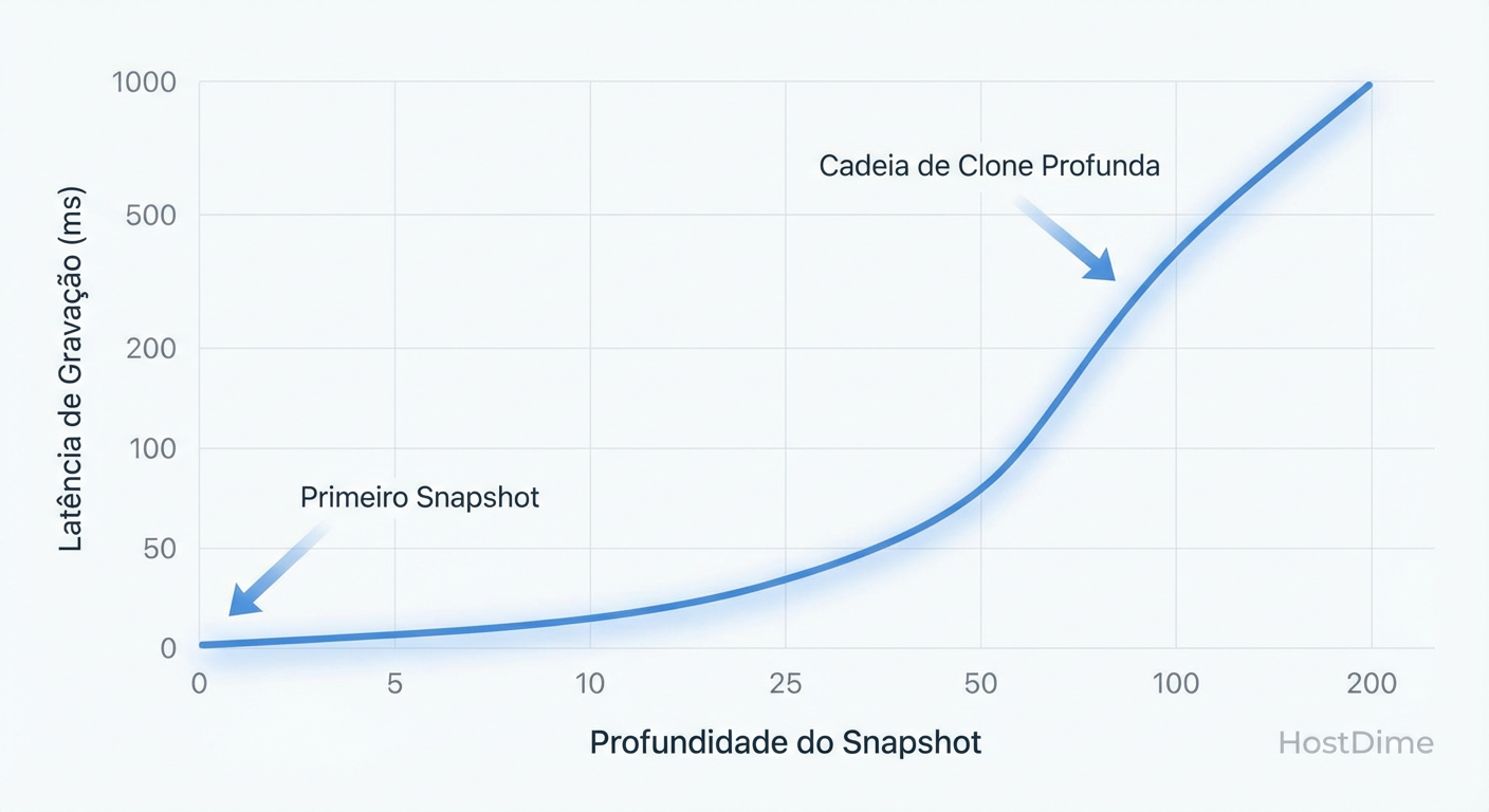 Correlação entre profundidade de snapshots e latência de escrita em volumes RBD sob carga aleatória.