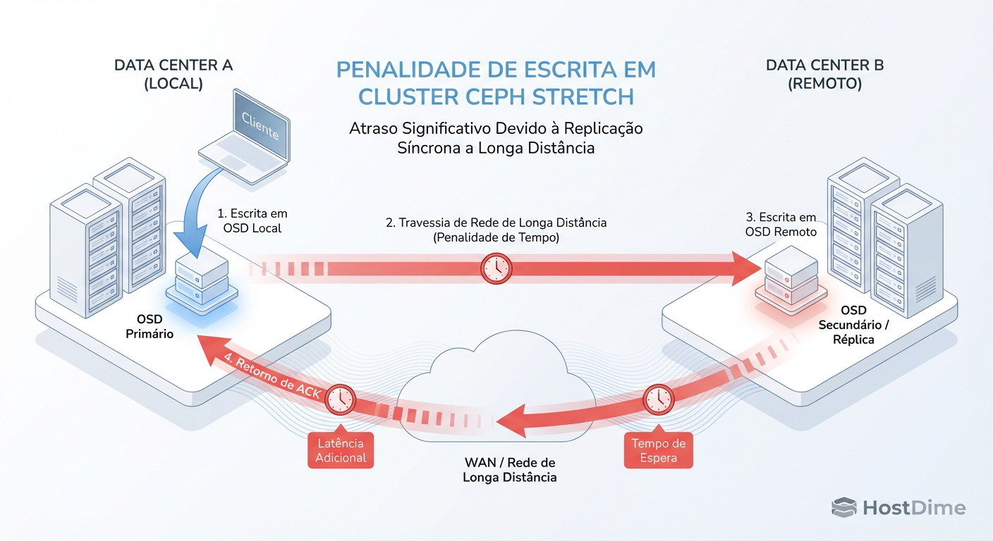 O Ciclo de Gravação no Ceph Stretch: O cliente só recebe o 'OK' depois que os dados viajam até o segundo datacenter e voltam.