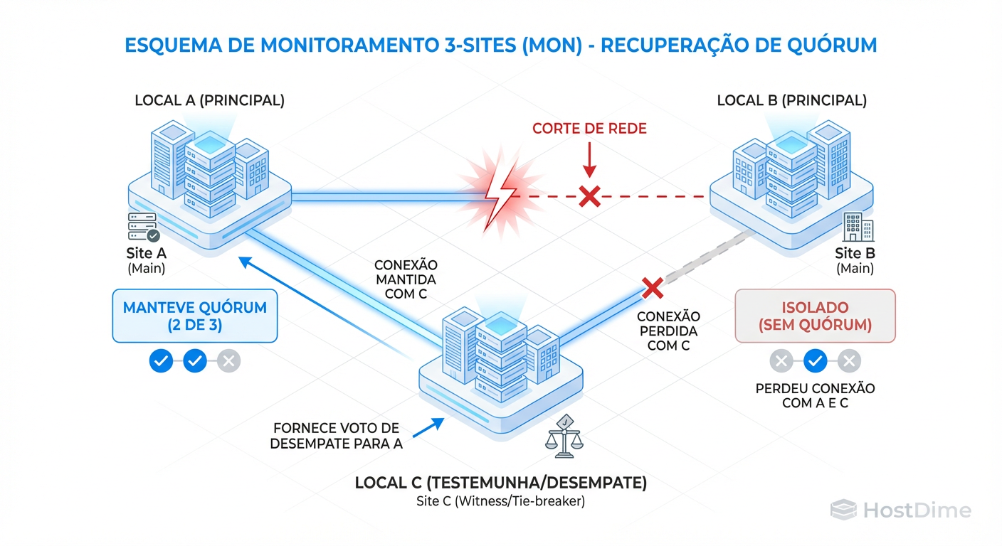 O Papel do Terceiro Site no Quórum: Como o monitor 'testemunha' impede o Split-Brain durante uma falha de link.