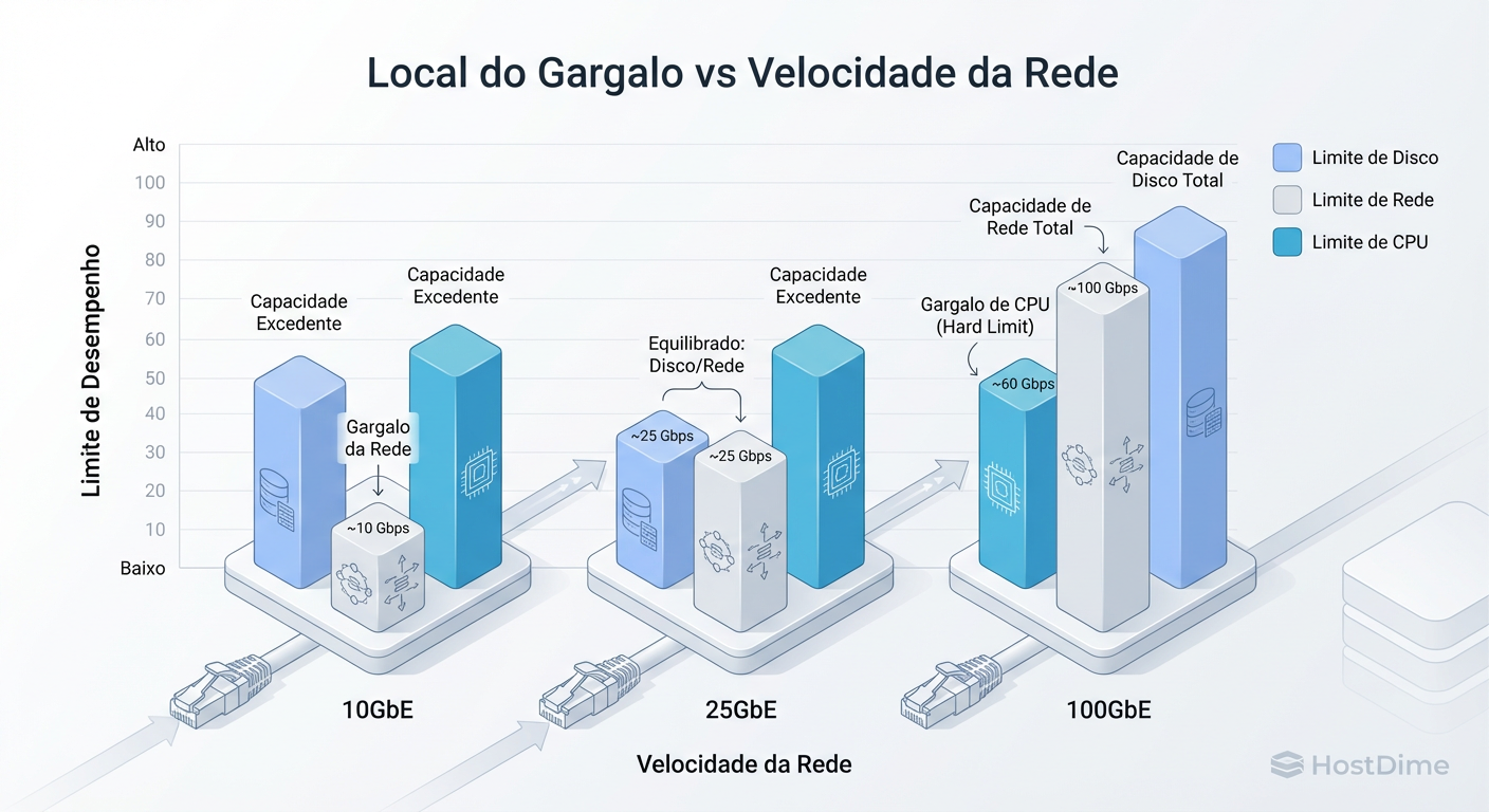 O deslocamento do gargalo: À medida que a rede se abre (100GbE), o teto de performance colide violentamente com a capacidade da CPU e a latência do software, não mais com o 'cano' da rede.