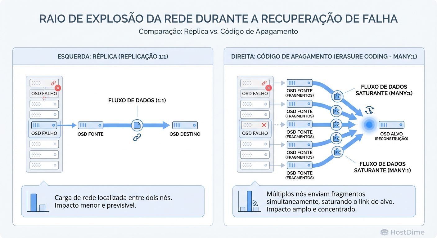 Impacto na rede durante recuperação: Replica (cópia simples) vs Erasure Coding (reconstrução distribuída).