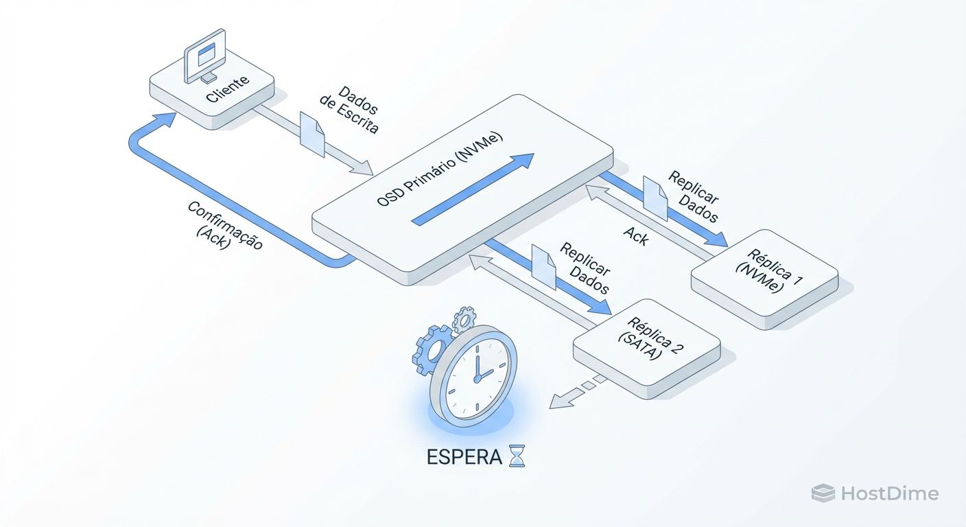 O Efeito Comboio: O Ceph só confirma a gravação quando o disco mais lento termina.