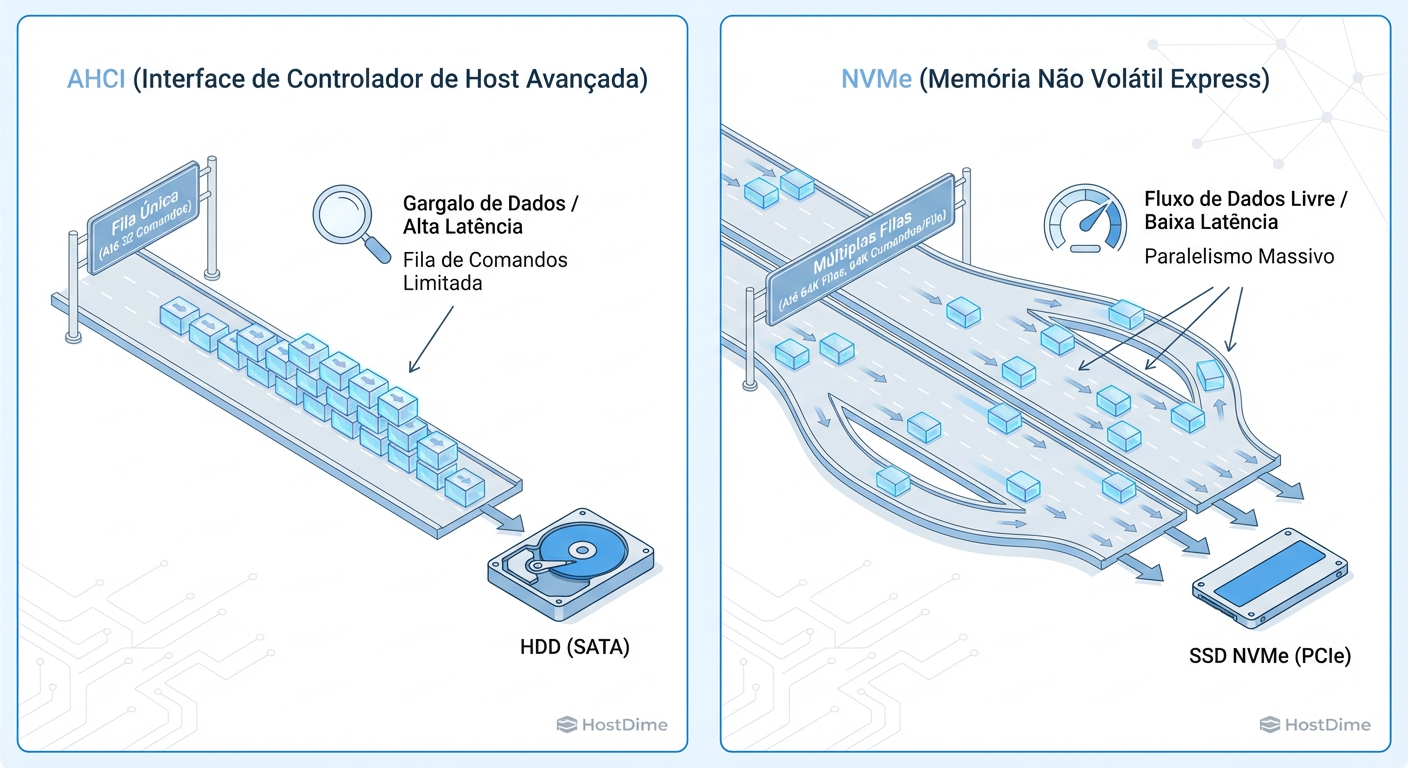 O gargalo não é apenas a velocidade, é a fila: AHCI (SATA) vs NVMe.
