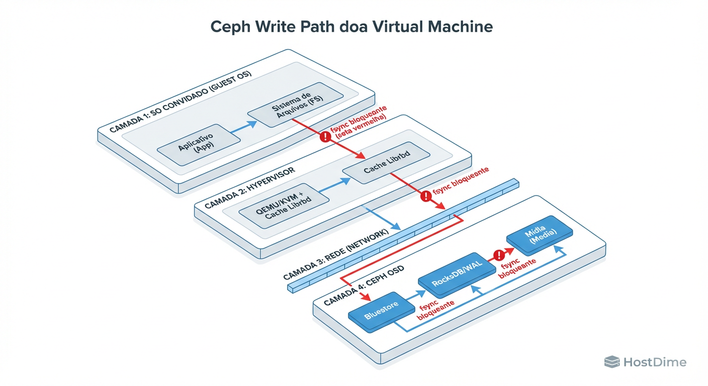 O Caminho da Dor: Onde sua latência de gravação realmente acontece. Note que o 'Ack' só volta para a VM após a persistência no OSD.
