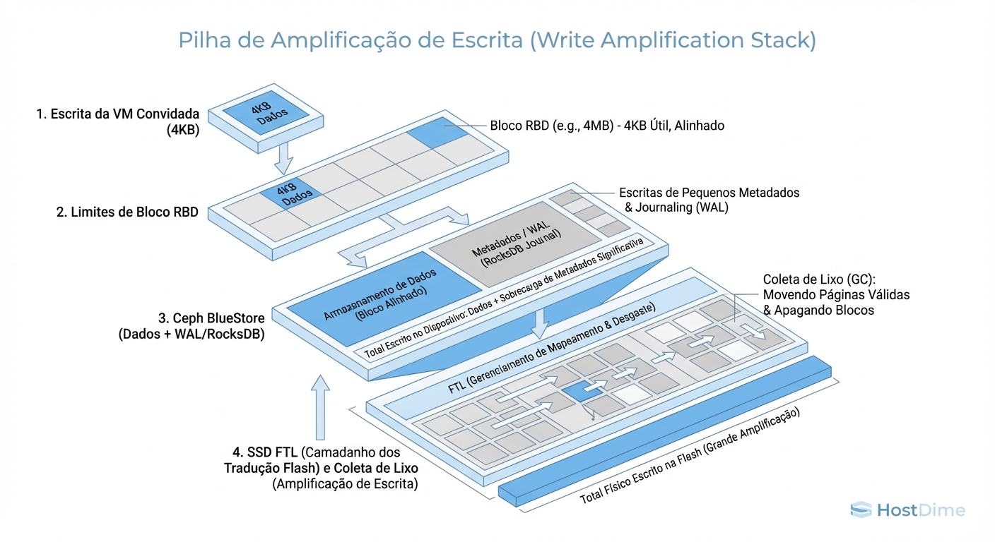 O Funil da Amplificação: Como 4KB lógicos viram megabytes físicos.