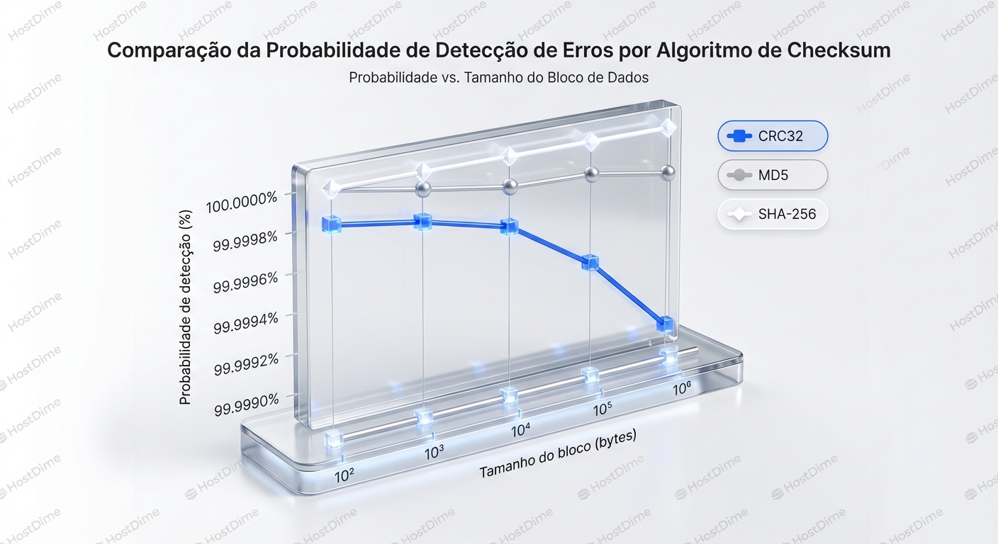 Comparativo da eficácia de diferentes algoritmos de checksum na detecção de erros.