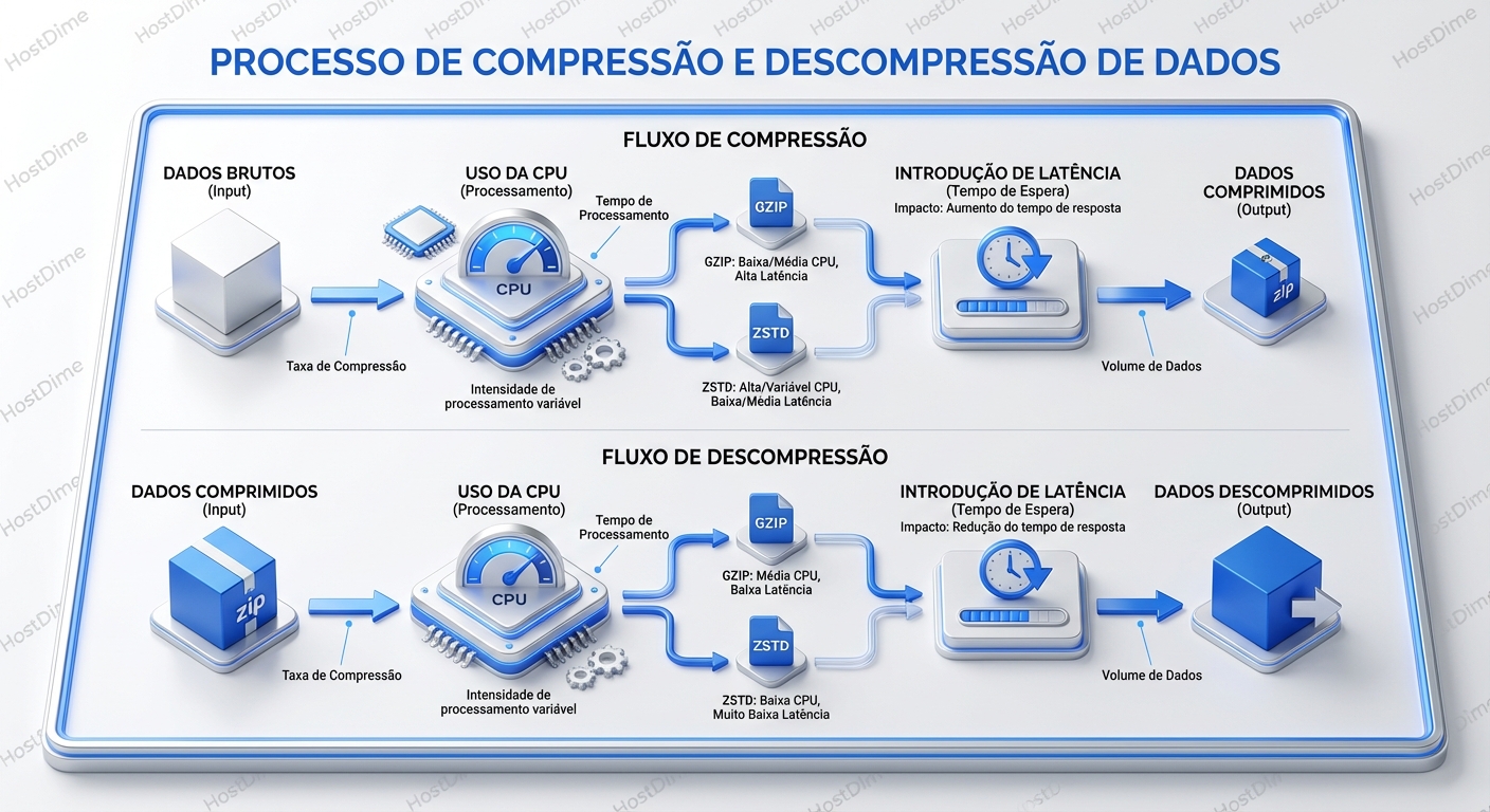 Fluxo de compressão e descompressão, mostrando o impacto de cada etapa na CPU e latência.