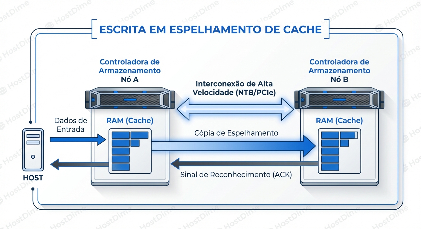 O processo crítico de Cache Mirroring: O Write Acknowledge só é enviado ao host após os dados estarem seguros na memória de ambos os controladores.