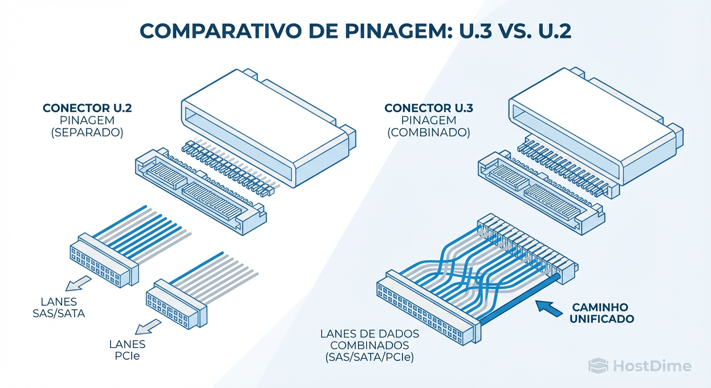 A armadilha física: Diferenças de pinagem entre U.2 e U.3 que causam falha de reconhecimento em controladoras Tri-Mode.