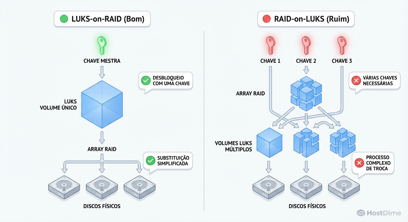 Comparativo de Complexidade Operacional: Gerenciamento de chaves em diferentes topologias de RAID Criptografado.
