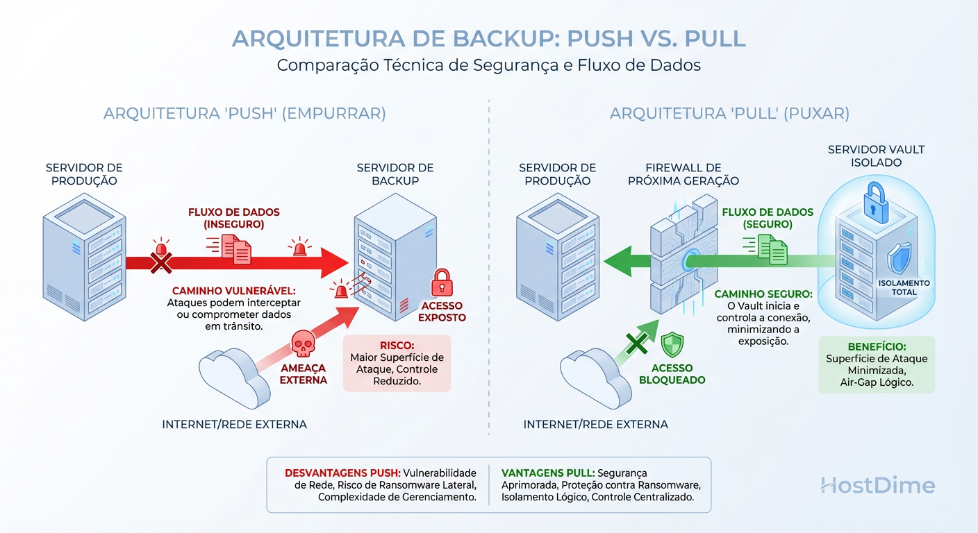 Arquitetura Push vs. Pull: No modelo seguro (Pull), o cofre é invisível para a produção e inicia a conexão, impedindo que um ransomware na origem acesse o destino.