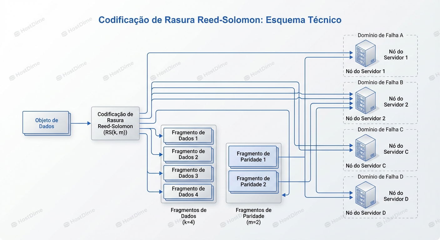 Esquema de fragmentação N+M: Dados são divididos e codificados, permitindo a perda de múltiplos nós sem perda de dados.