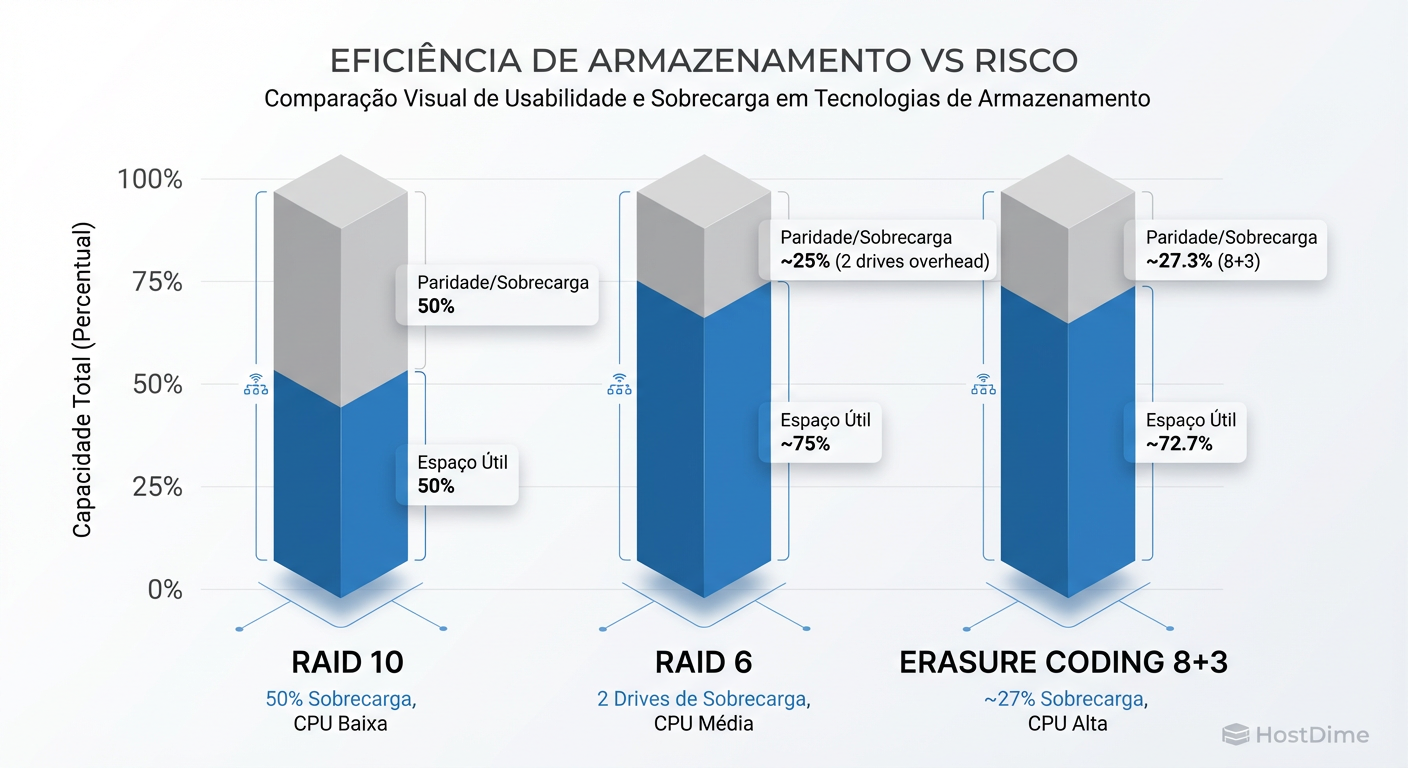 A Economia do Storage: Quanto maior o cluster, mais caro se torna o 'imposto' do RAID tradicional. O EC permite proteção robusta com menos hardware.