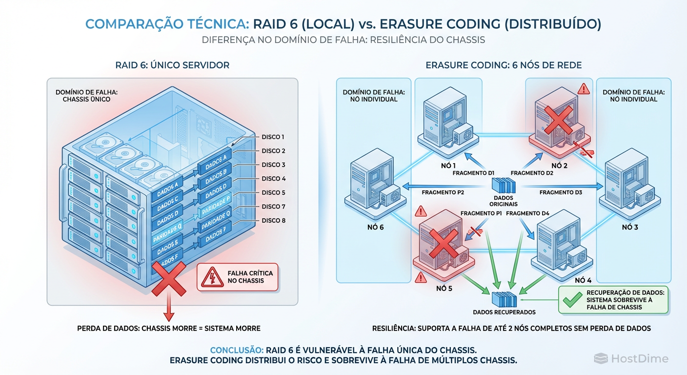 RAID Local vs. Erasure Coding Distribuído: O isolamento de falhas é a chave da durabilidade.
