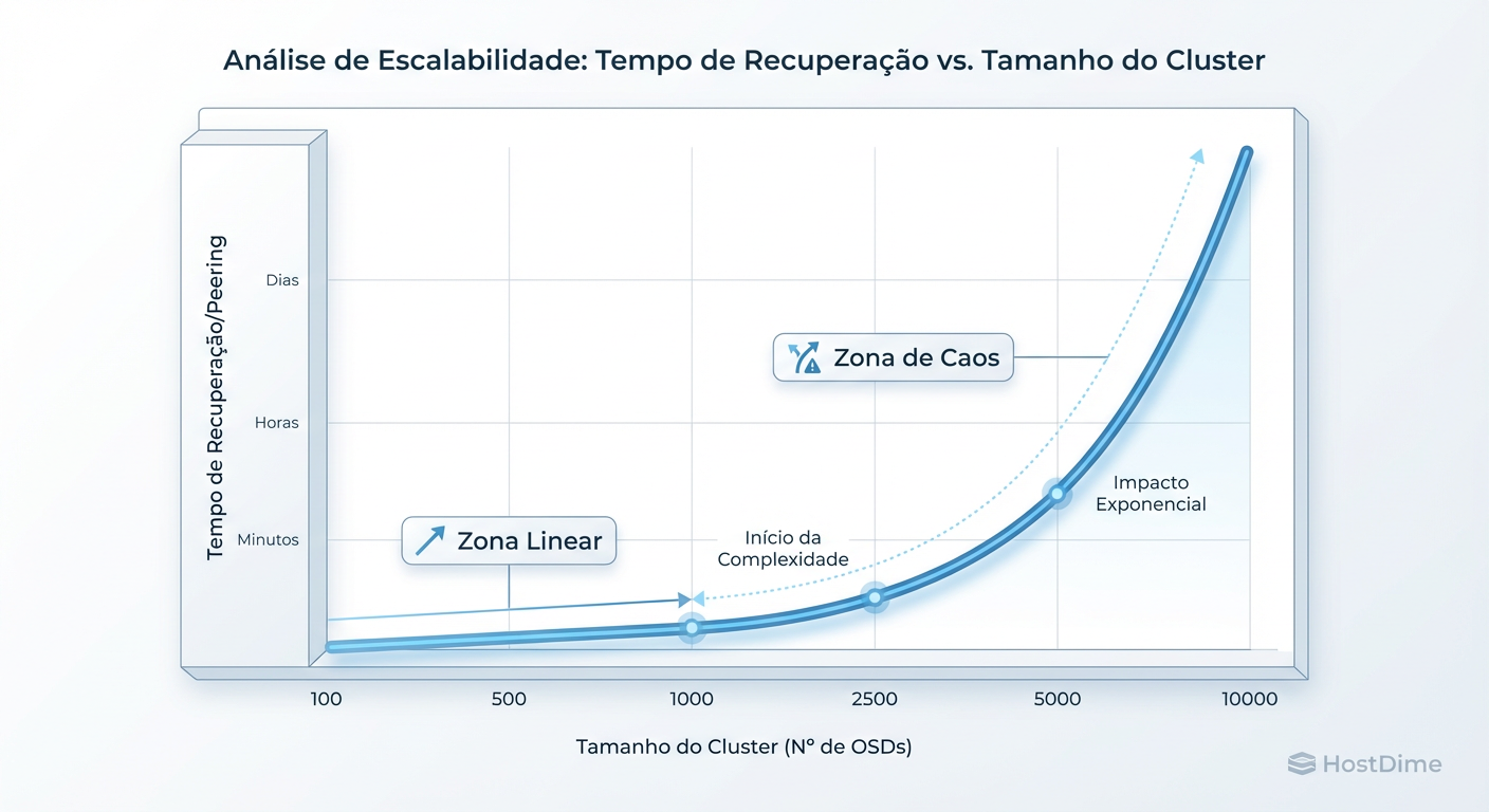 Impacto da Escala no Tempo de Convergência: A relação entre número de OSDs e tempo de peering não é linear em cenários de falha.