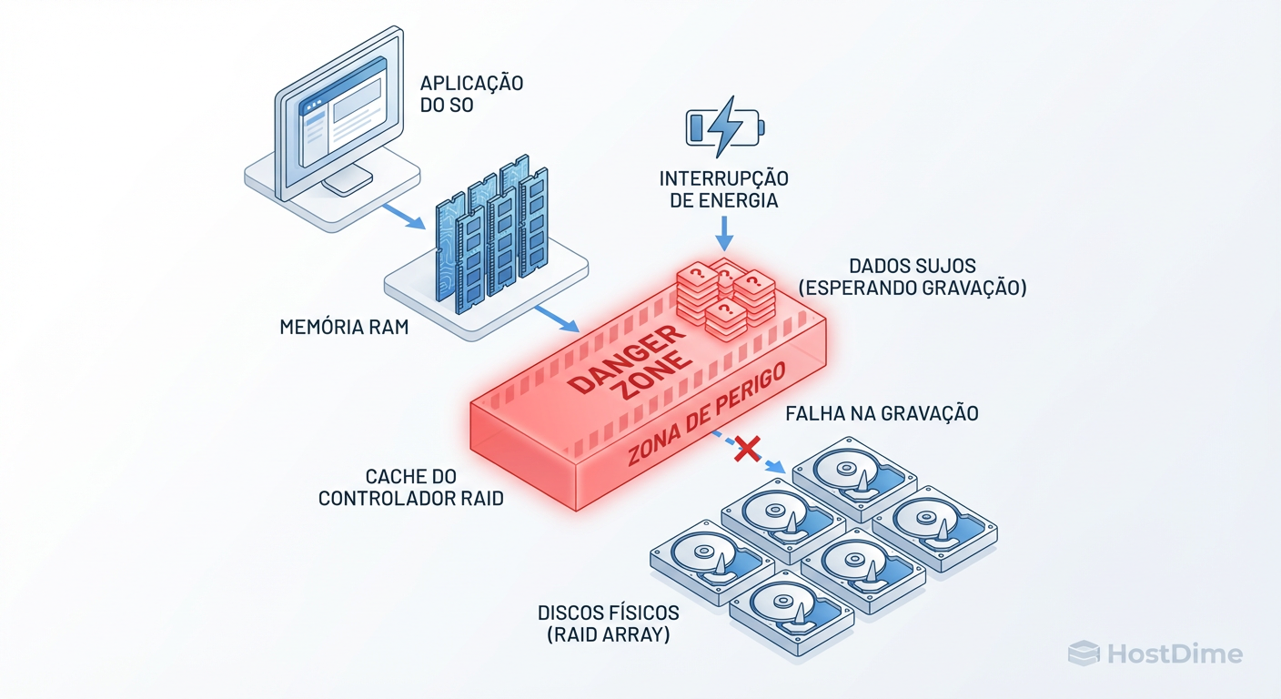 O Caminho da Escrita: O risco reside nos dados confirmados ao SO, mas ainda retidos no cache volátil da controladora.