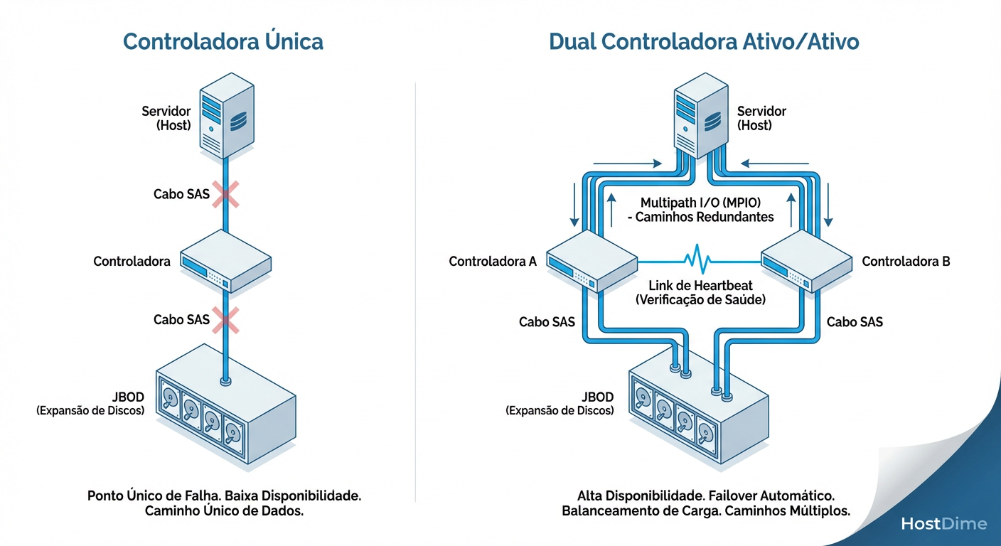 Topologia de Failover: A complexidade do Dual-Path e a necessidade de comunicação constante (Heartbeat) para evitar corrupção.