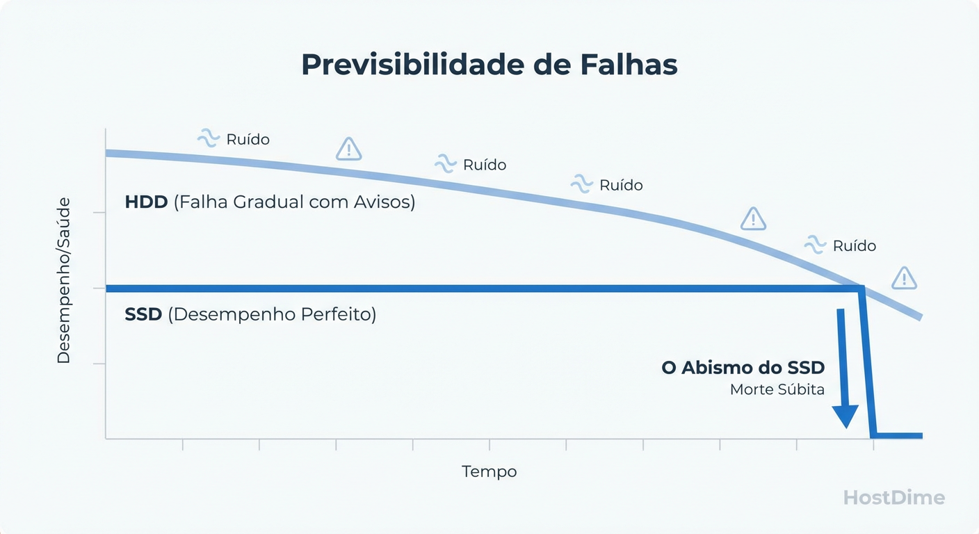 O Penhasco do SSD: A falha em estado sólido raramente é gradual. O drive funciona a 100% até o milissegundo em que o controlador entra em pânico e trava o acesso.