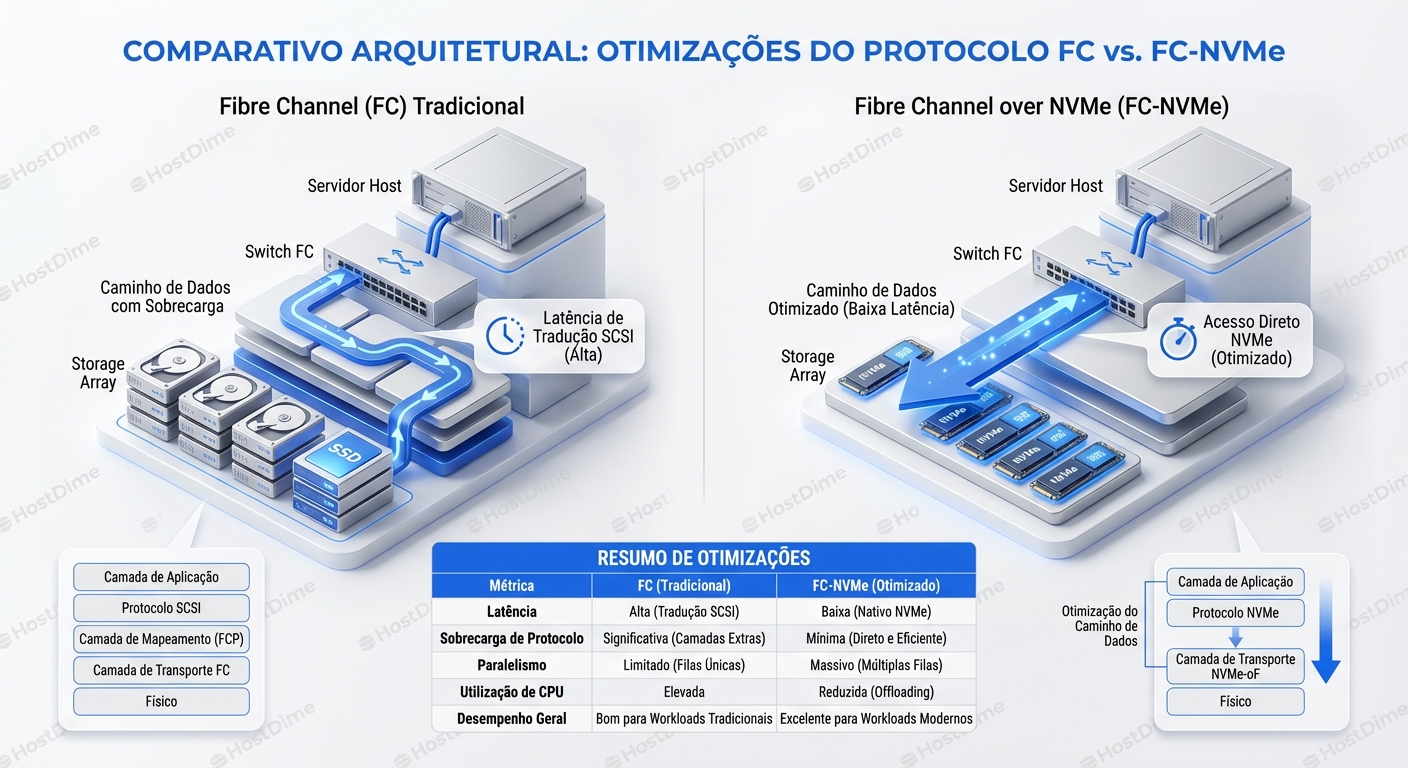 Comparativo arquitetural entre FC e FC-NVMe, ilustrando as otimizações de protocolo.
