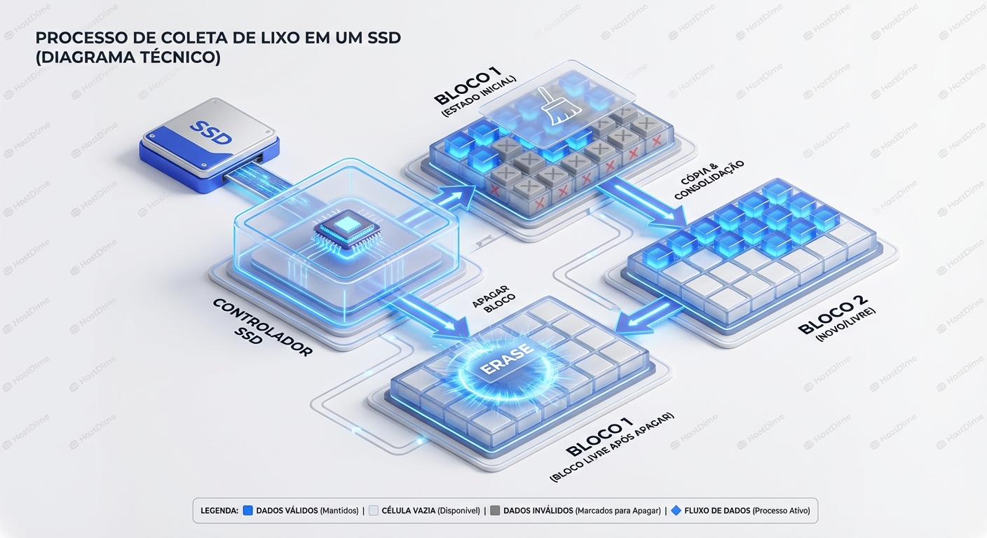 Diagrama do processo de garbage collection em um SSD