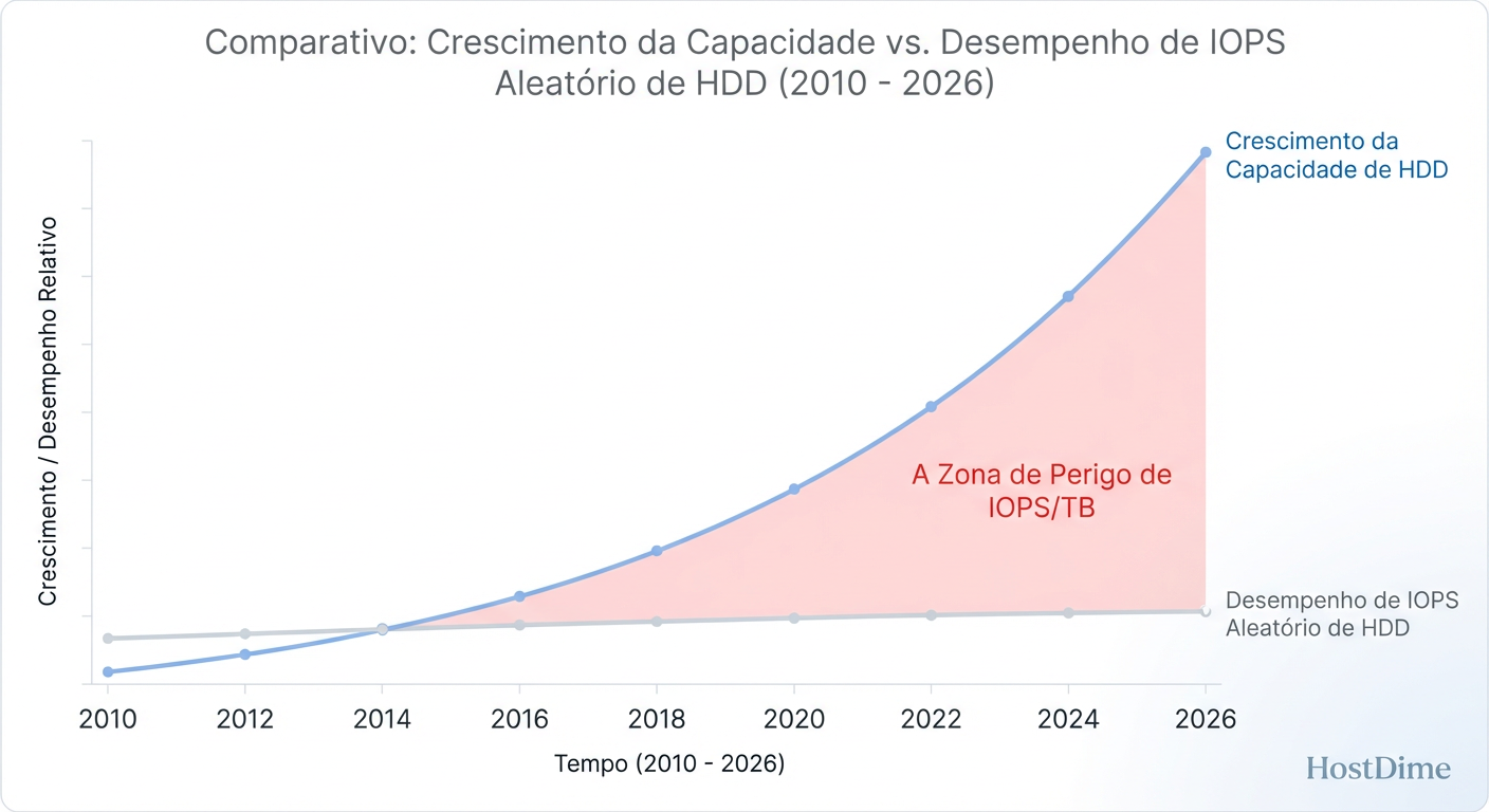 O Abismo do IOPS/TB: Enquanto a capacidade explode com o HAMR, a física mecânica limita a performance, exigindo novas arquiteturas.