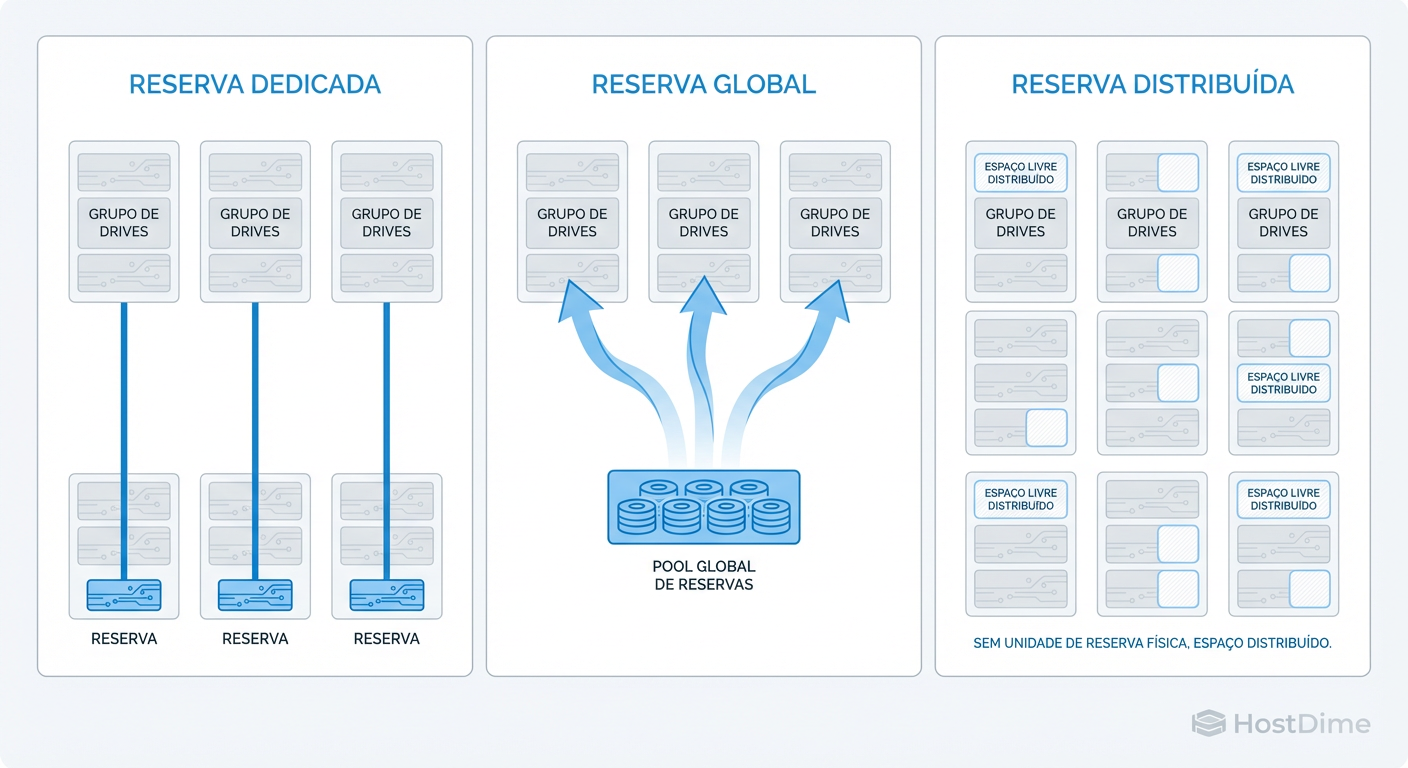 Evolução da Topologia de Sparing: Do isolamento rígido (Dedicado) à eficiência de pool (Global) e finalmente à paralelização total (Distribuído).
