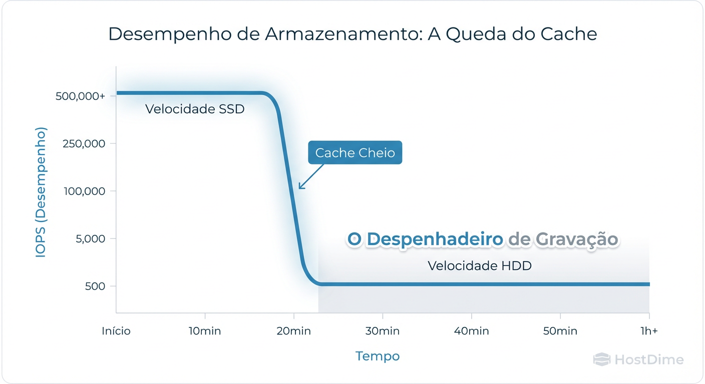 O 'Write Cliff': O momento exato em que seu cache enche e a performance cai para a velocidade nativa dos discos rotacionais.