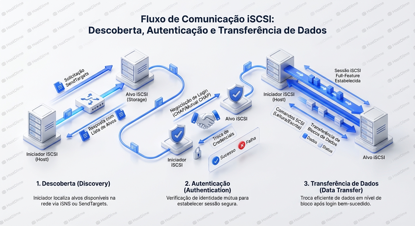 Fluxo de comunicação iSCSI: descoberta, autenticação e transferência de dados.
