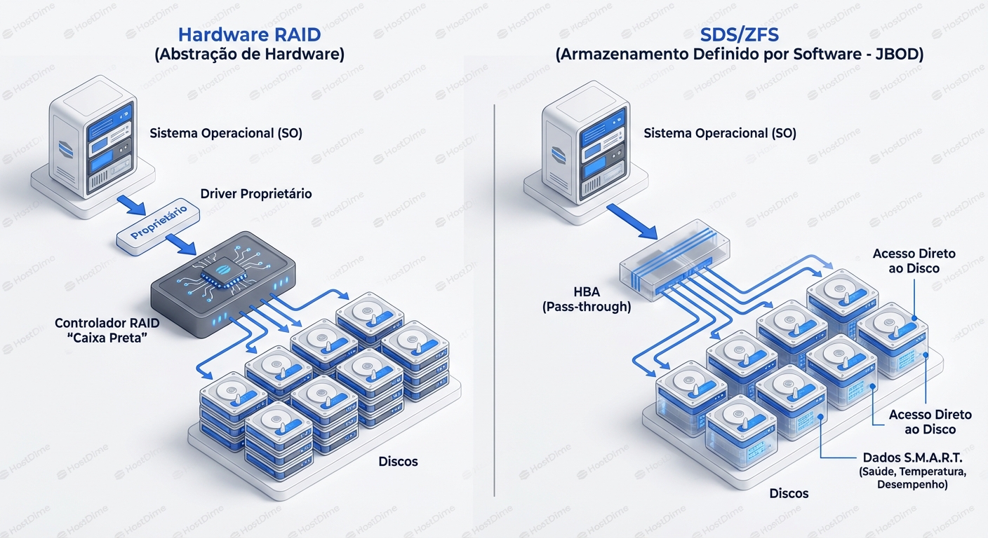 Comparativo de Arquitetura: A 'Caixa Preta' do RAID de Hardware vs. Acesso Direto via HBA.