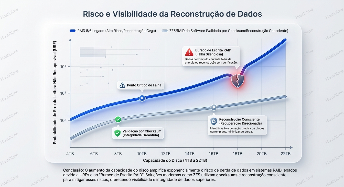 O risco oculto: Probabilidade de URE e 'Write Hole' em discos de alta capacidade sob controladores legados.