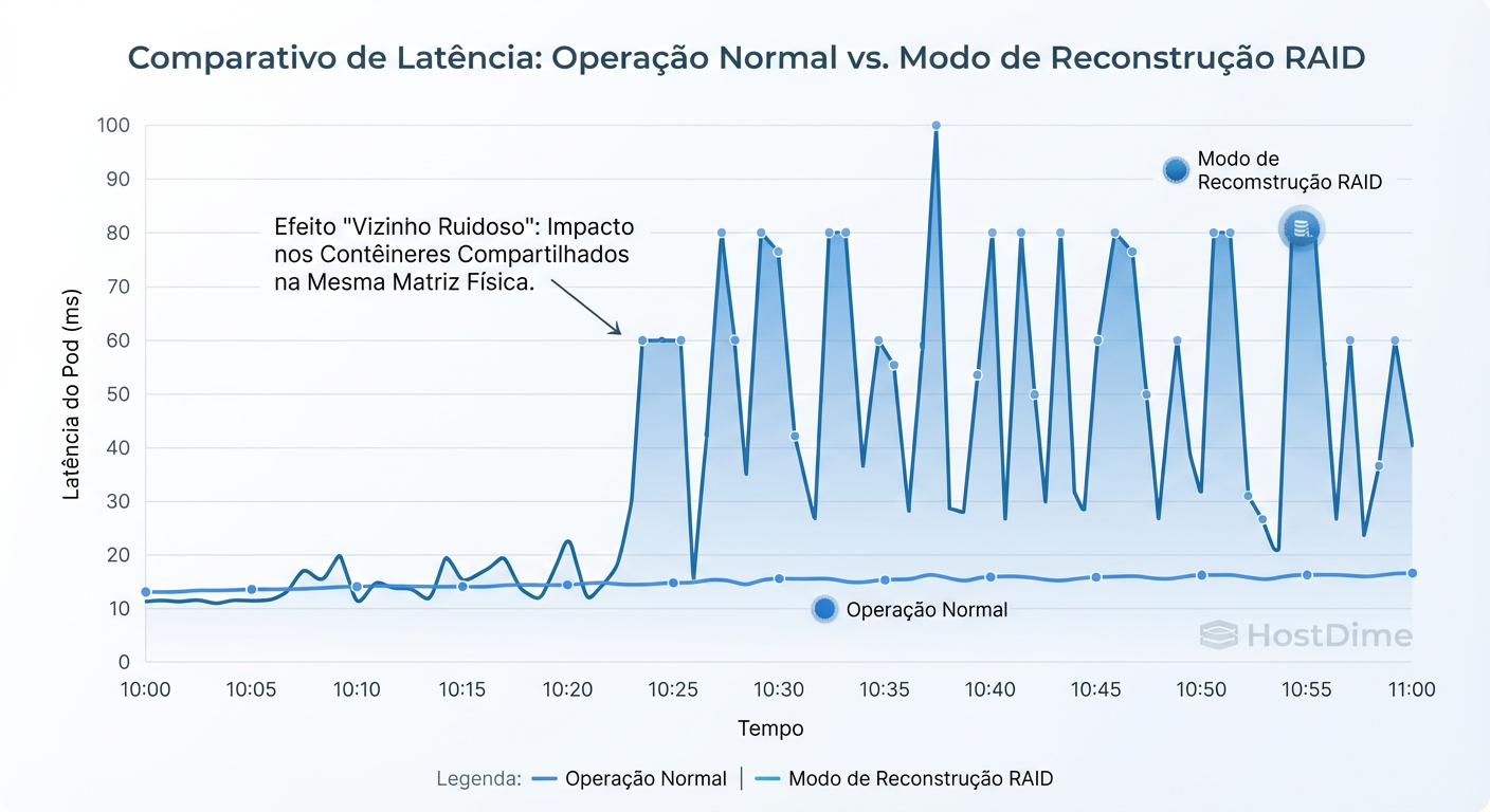 Impacto do Rebuild: O efeito 'vizinho barulhento' em latência de Pods durante a reconstrução de um array RAID no host.