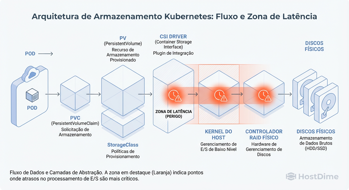 O Caminho do I/O: Do Pod ao Disco Físico. A camada CSI (Container Storage Interface) é a ponte, mas o RAID é o alicerce.