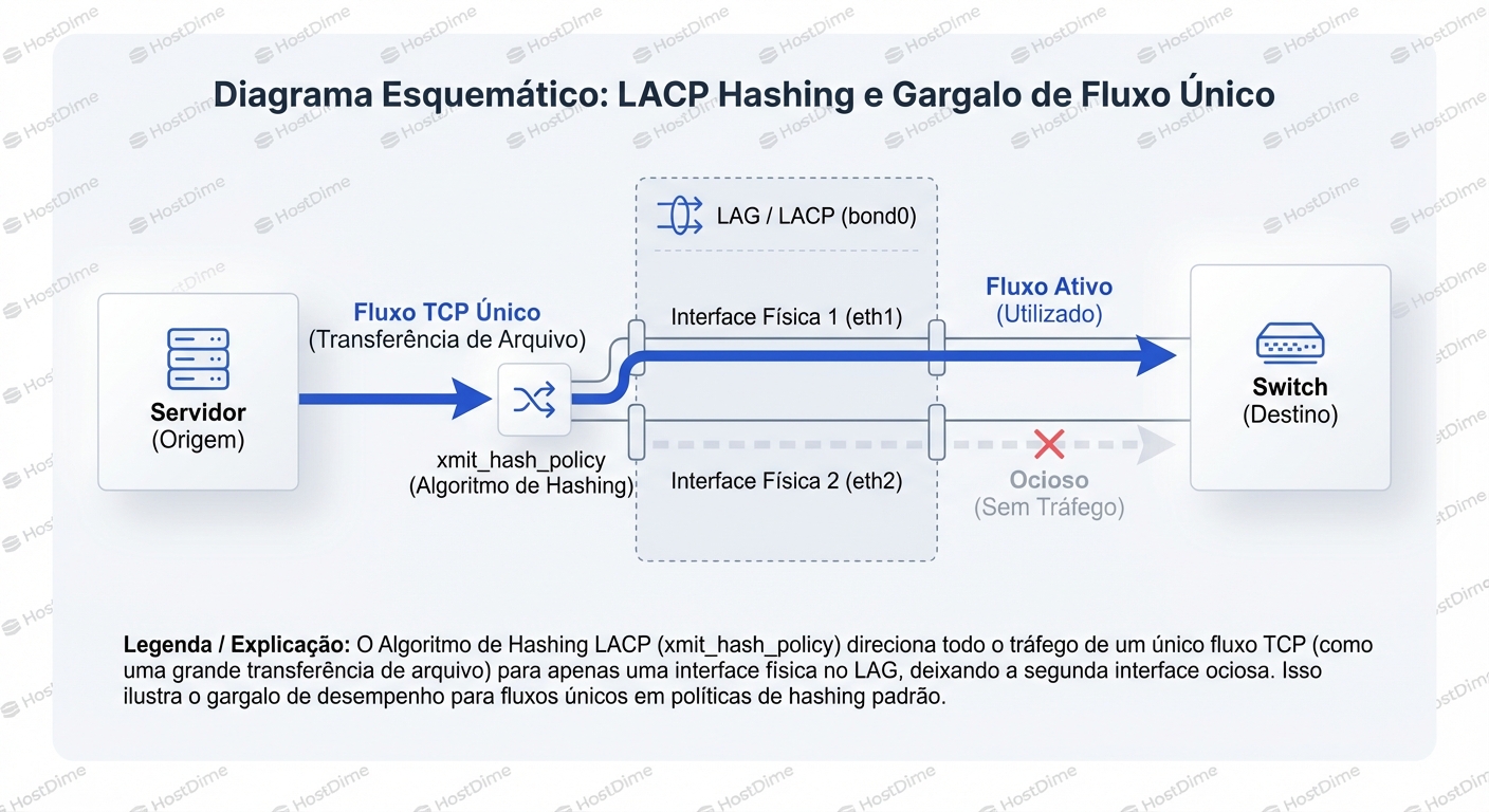 O gargalo do hashing: uma única sessão TCP/UDP é matematicamente vinculada a uma única interface física para evitar a reordenação de pacotes.