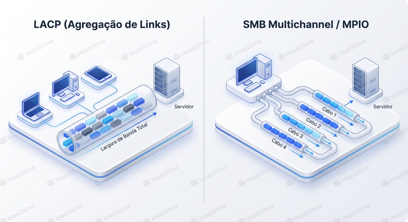 Diferença arquitetural: LACP escala com múltiplos clientes (horizontal), enquanto tecnologias como SMB Multichannel escalam por sessão (vertical).