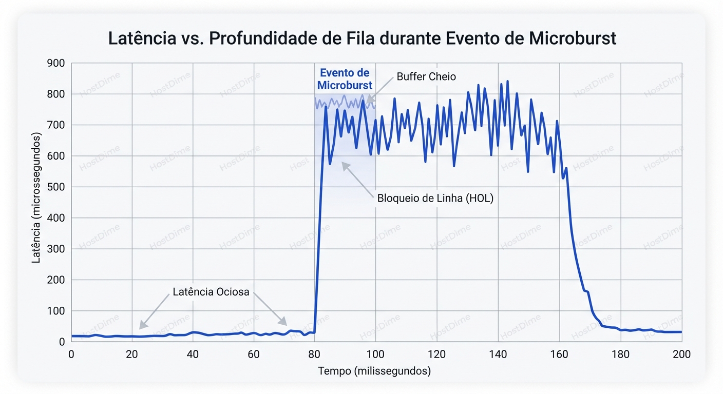 O impacto invisível: Como microbursts saturam buffers pequenos, criando picos de latência (jitter) mesmo em links que parecem ociosos.