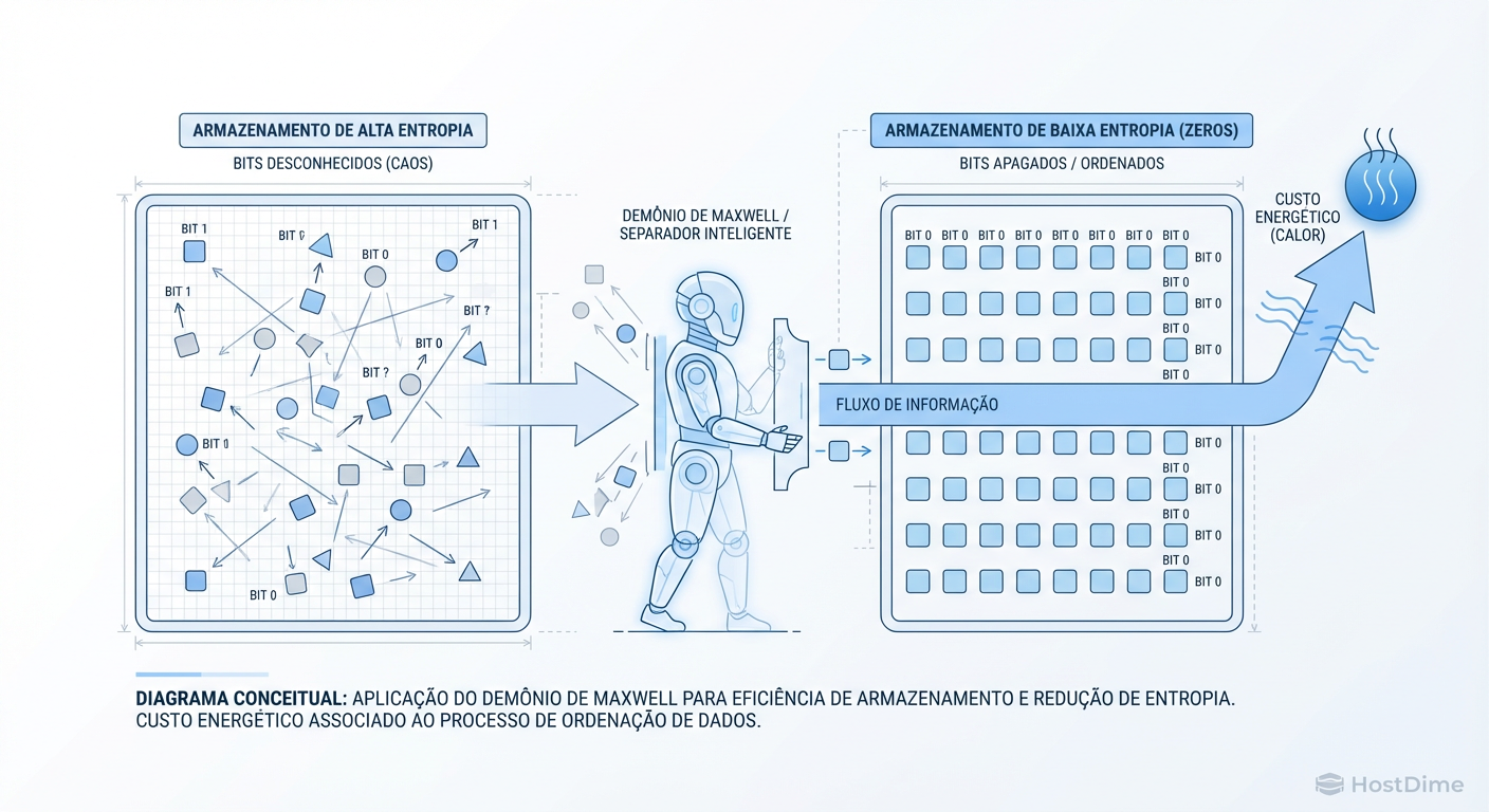 Diagrama de Entropia: Organizar o caos (apagar dados) exige que a energia saia do sistema em forma de calor.